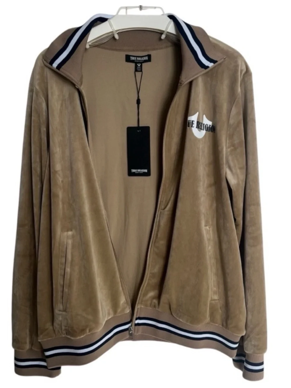 TRUE RELIGION Velour Tour Track Jacket World Tour Travertine Sz M